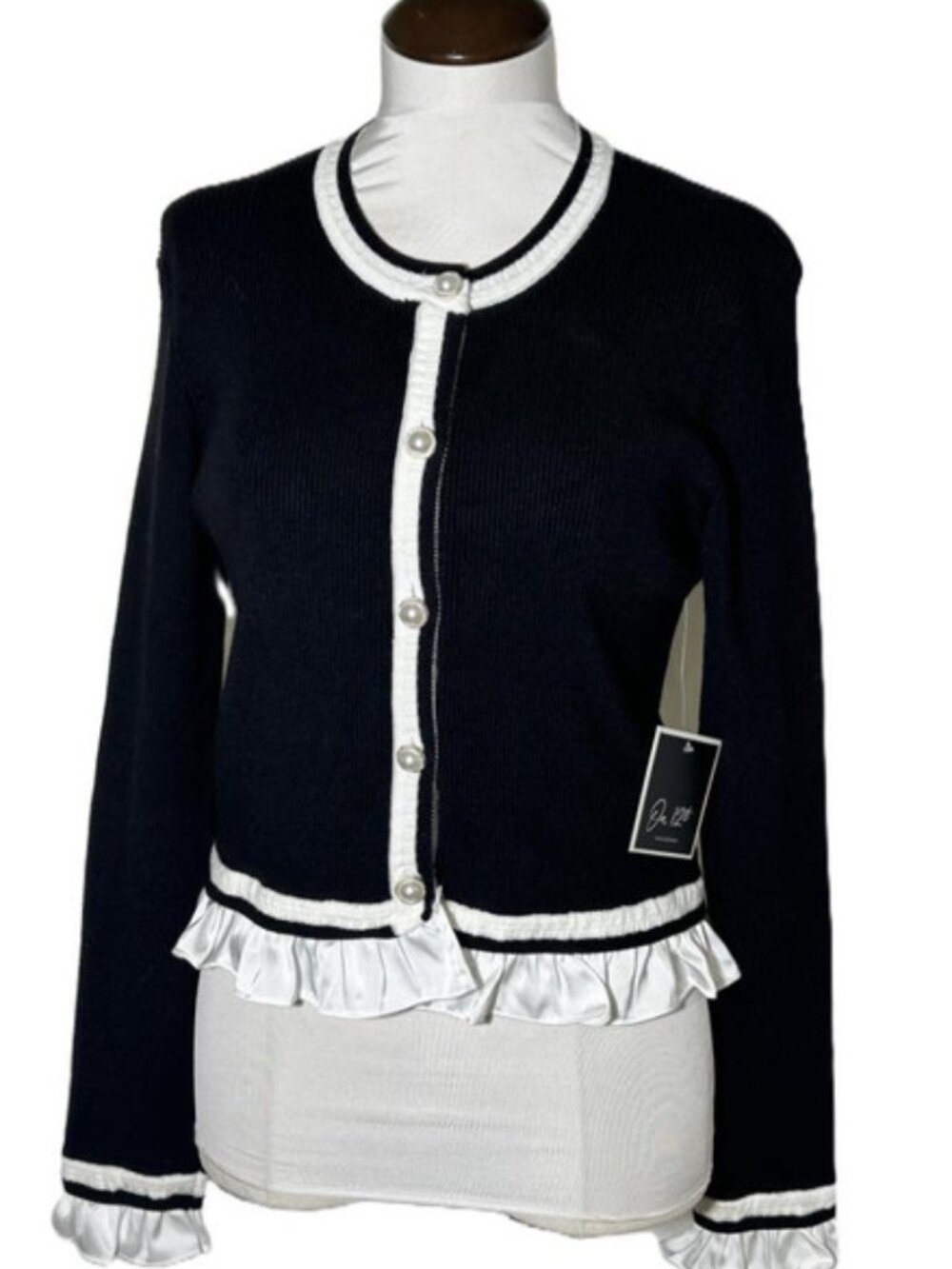 NEW On 12th Black & White Fancy Button Cardigan Sweater White Ruffles sz Large